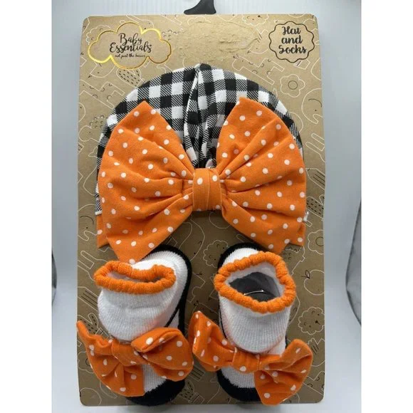 Fall Halloween Hat Socks Baby Girl Gift Set Orange Black Bow Polka Dots 0-6M New - Picture 1 of 7